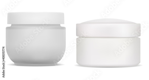 Cream jar. plastic cosmetic container, face beauty bottle blank. Skin care creme product round glass jars with cap. Butter, gel or powder pack front side canister mock up with cover