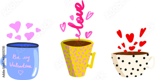 set of three mugs blue, yellow and milky. with hearts instead of a pair. colorful vector illustration. Valentine's Day.