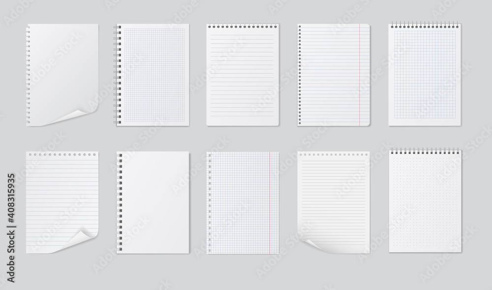 Realistic notebooks sheets. Lined, checkered and paper binder page for memo pads
