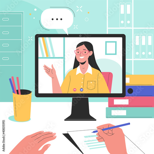 Online studying. Vector flat modern illustration of a computer with a young woman on a video call, talking to someone. Isolated on background
