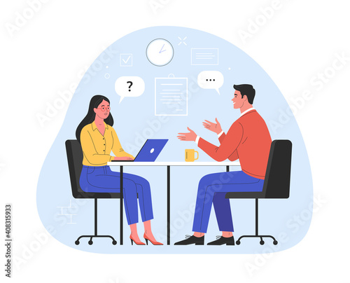 Job interview. Vector flat modern illustration of a man talking to a young woman with laptop. Isolated on background