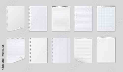 Realistic notebooks sheets. Lined, checkered and paper binder page for memo pads