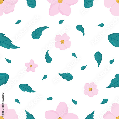Cherry sakura and leaves seamless vector pattern