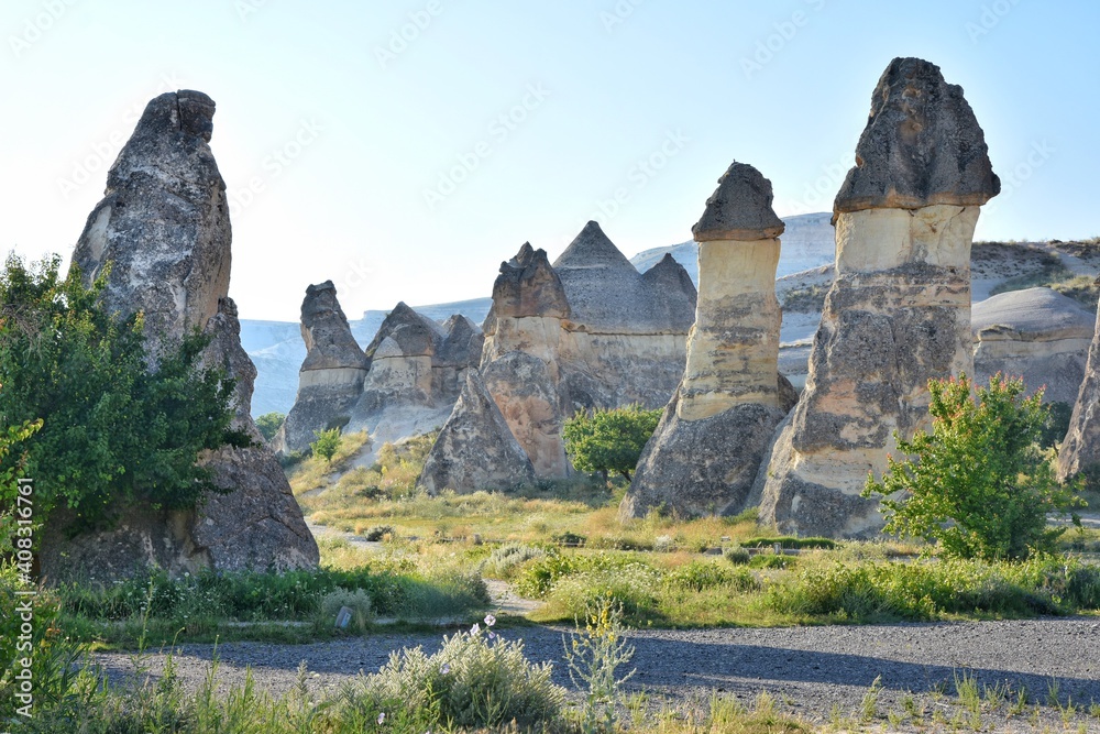 Amazing Volcanic rock formations known as Love Valley or Fairy Chimneys in Cappadocia, Turkey. Mushroom Valley one of attractions in Goreme National Park, Turkey.