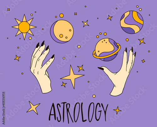 Flat style solar system illustration. Poster for planetarium and study of astronomy. Astrological forecast, horoscope, planets, stars, zodiac signs, icons for astrologer, female hand with black nails