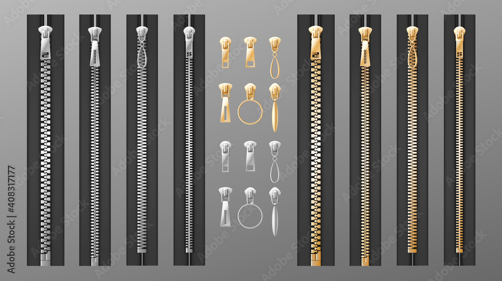 Zippers set. Realistic isolated silver and golden slide fastener elements on transparent background