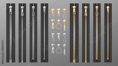 Zippers set. Realistic isolated silver and golden slide fastener elements on transparent background