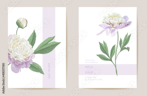 Wedding peony floral Save the Date set. Vector spring flowers, leaves boho invitation card. Watercolor template