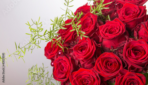 Luxury bouquet made of red roses in flower shop Valentines Bouquet of red roses