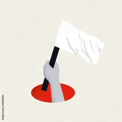 White flag as symbol of surrender, vector concept. Hand waving flag from hole. Symbol of giving up.