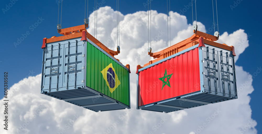 Freight containers with Brazil and Morocco flag. 3D Rendering 