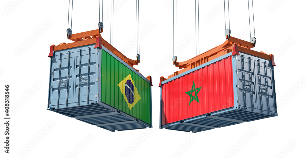 Freight containers with Brazil and Morocco flag. 3D Rendering 