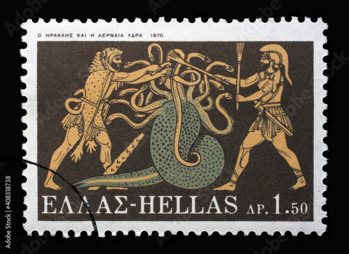Stamp printed in Greece shows Hercules Deeds - Hercules and Lernean Hydra  circa 1970