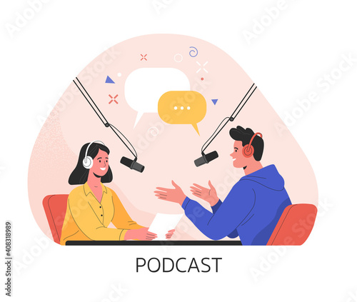 Podcast concept. Vector illustration of two people in headphones talking in studio with microphones. Isolated on background