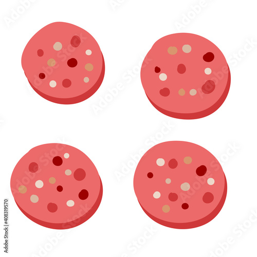 Piece of sausage. Meat food slice. Kielbasa with fat. Polish pork delicacy and ingredient. Flat cartoon illustration