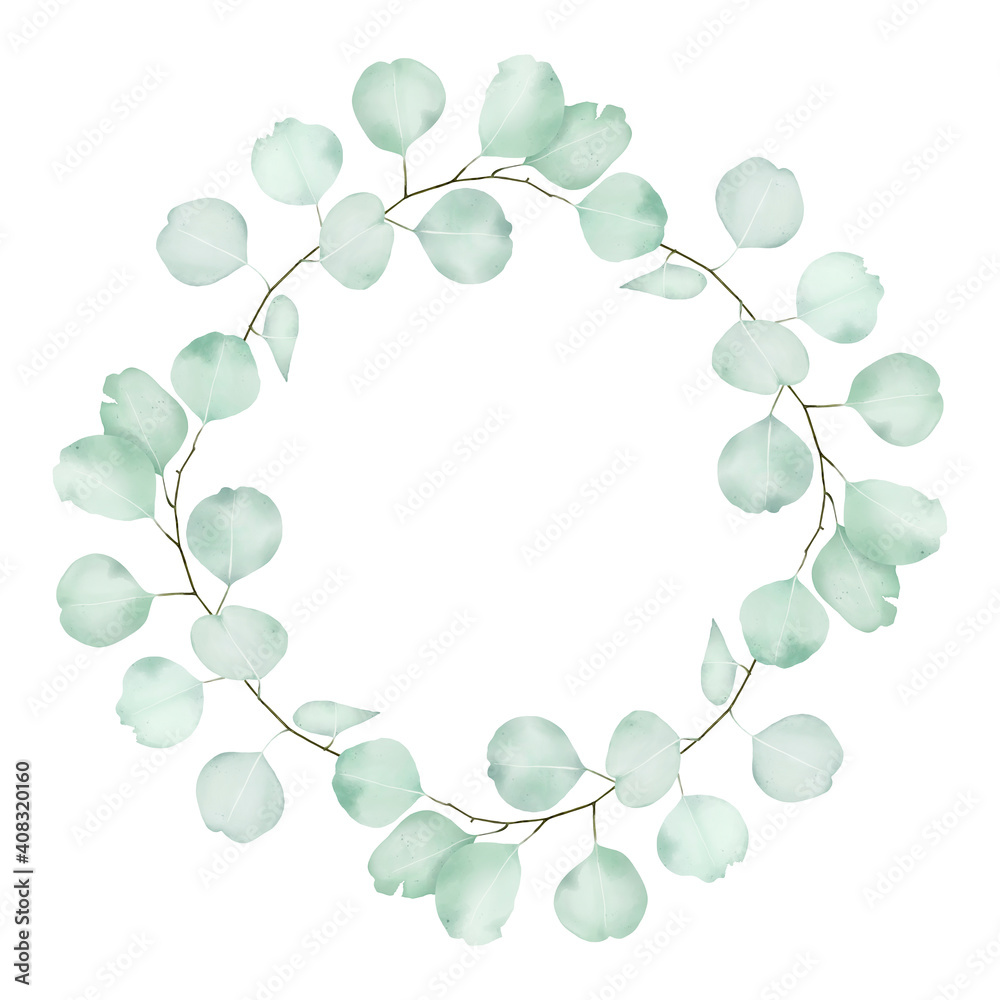 Watercolor wreath of green eucalyptus leaves Watercolor wreath of green eucalyptus leaves