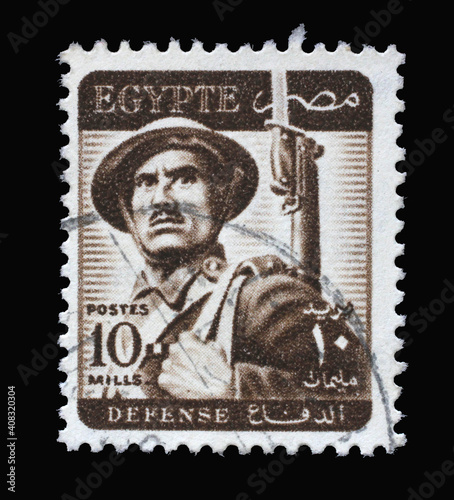 Stamp printed in Egypt shows soldier, circa 1953