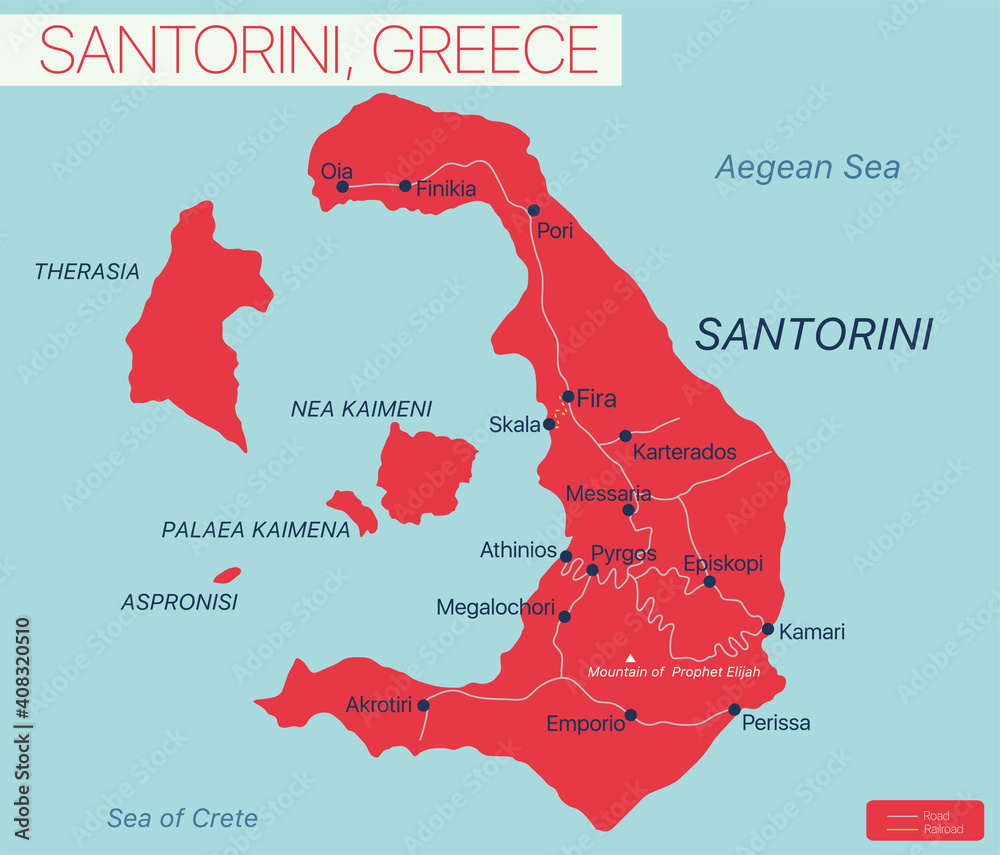 Santorini island detailed editable map with regions cities and towns, roads and railways