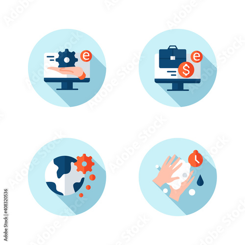 New normal concept flat icons set. Health care and prevention culture. Social isolation and global automation. New life after covid19 outbreak. Isolated color vector illustrations with shadow