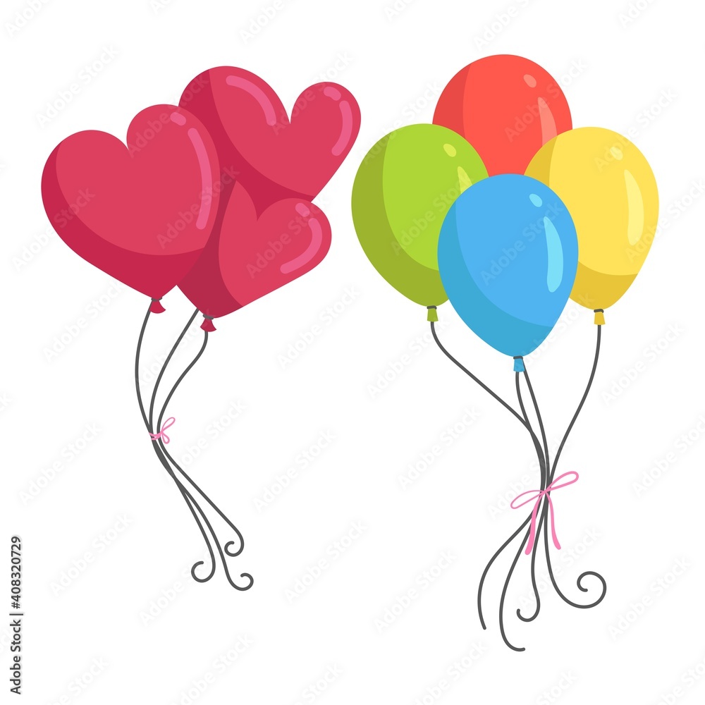Bunch of colorful celebration round balloons and balloons in the shape of a heart isolated on white background. Vector illustration