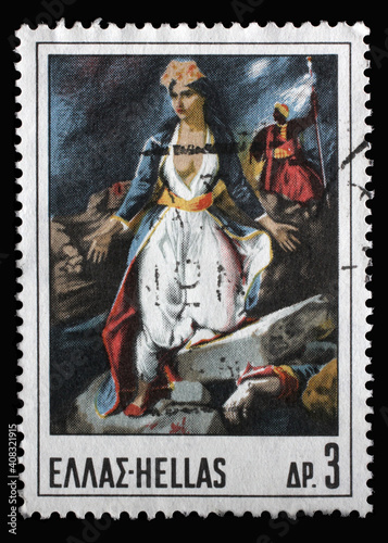 Stamp printed in Greece shows Greece in Messolonghi painting by E. Delacroix, circa 1968.