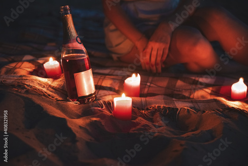 romantic dinner setup ,on the night beach, valentine's day