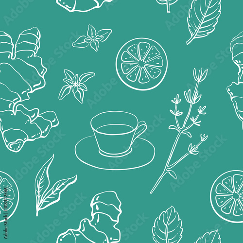 Seamless pattern with ginger, lemon, mint, thyme, tea cup. White line sketch collection of herbs and spices isolated on blue background. Doodle hand drawn healthy food icons. Vector illustration