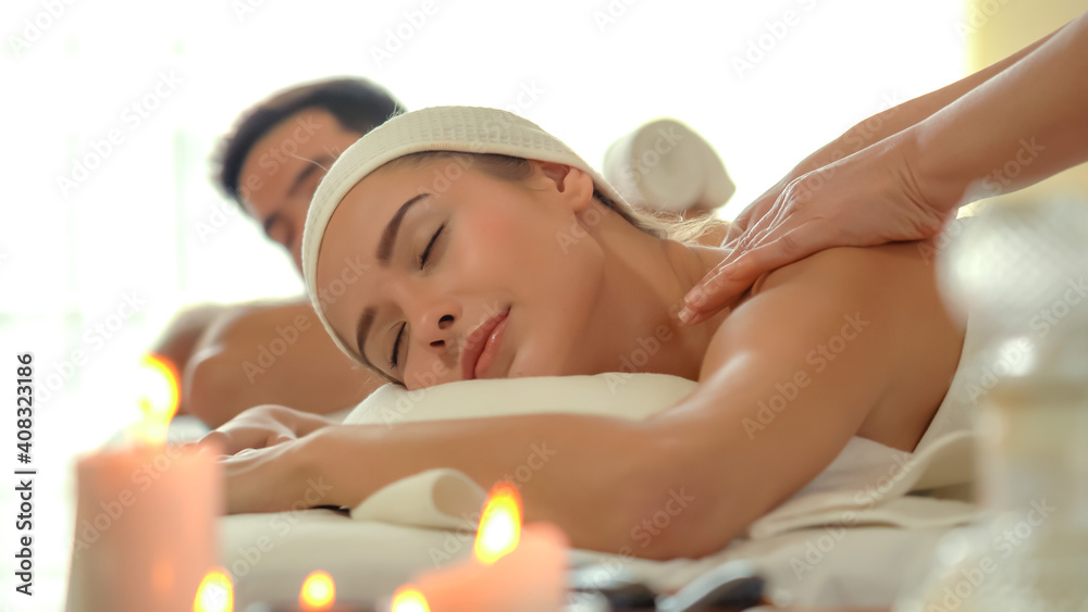 Young caucasian woman relax during massage Young caucasian woman relax during massage