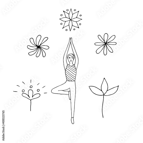 Yoga set, vector doodle illustration, woman in the tree pose and flowers