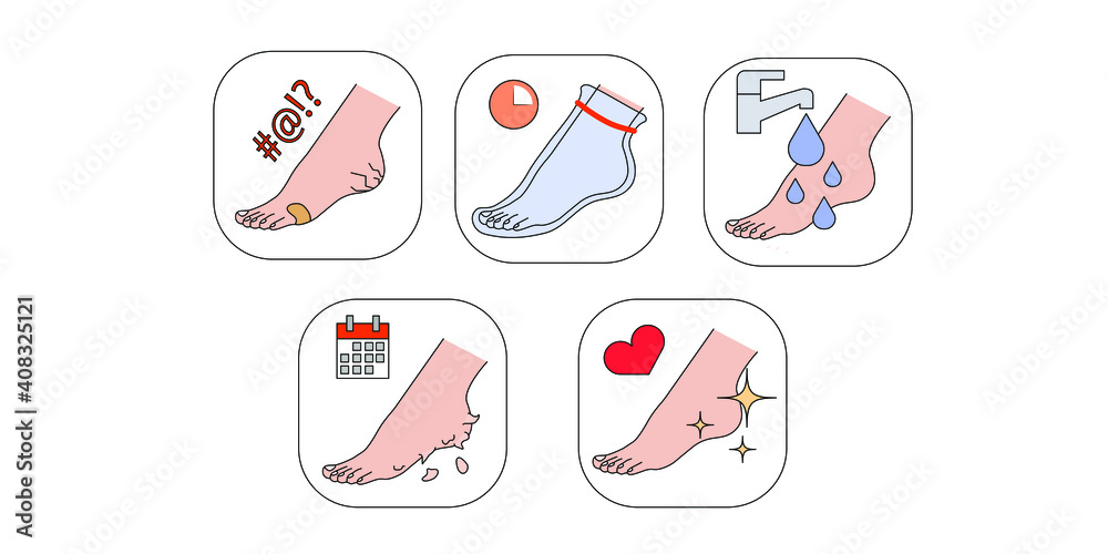 Steps how to apply foot mask.Peeling feet at home.Peeling socks.Foot mask linear icons set. Step-by-step instructions for using a cosmetic foot mask. Vector illustration Steps how to apply foot mask.Peeling feet at home.Peeling socks.Foot mask linear icons set. Step-by-step instructions for using a cosmetic foot mask. Vector illustration