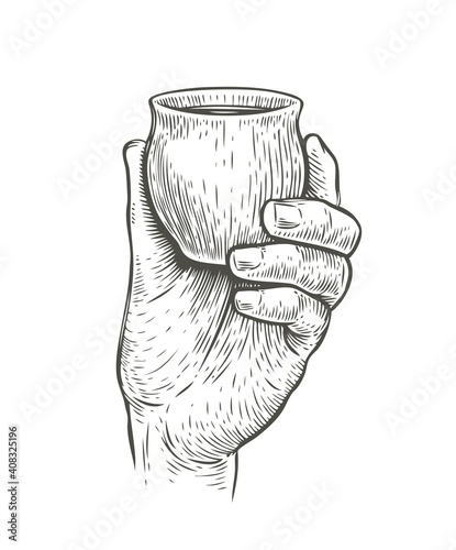 Cup in hand sketch. Drink drawn vintage vector illustration