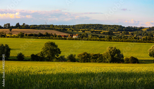 panoramic rural view of farm house with rolling hills hedgerow fences and grass crop fields