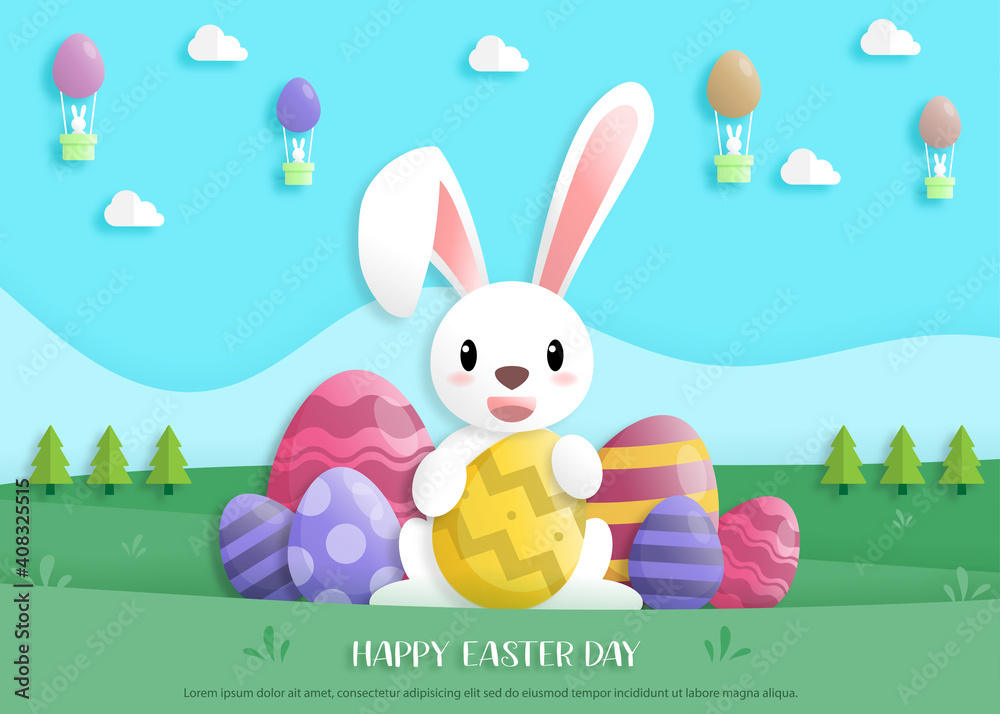 Fototapeta premium Happy easter day in paper art style with rabbit and easter eggs. greeting card, posters and wallpaper. Vector illustration.