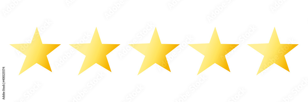 Obraz premium Quality rating bright icon with five yellow stars isolated on white. Evaluation of goods, writing reviews of delivery, hotels, shops. Vector illustration. Flat.