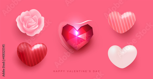 Realistic heart balloon with pattern, Rose flower and Polygon heart in glass on pastel pink background. Valentine's day love season elements for advertisement