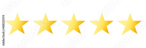 Quality rating bright icon with five yellow stars isolated on white. Evaluation of goods  writing reviews of delivery  hotels  shops. Vector illustration. Flat.