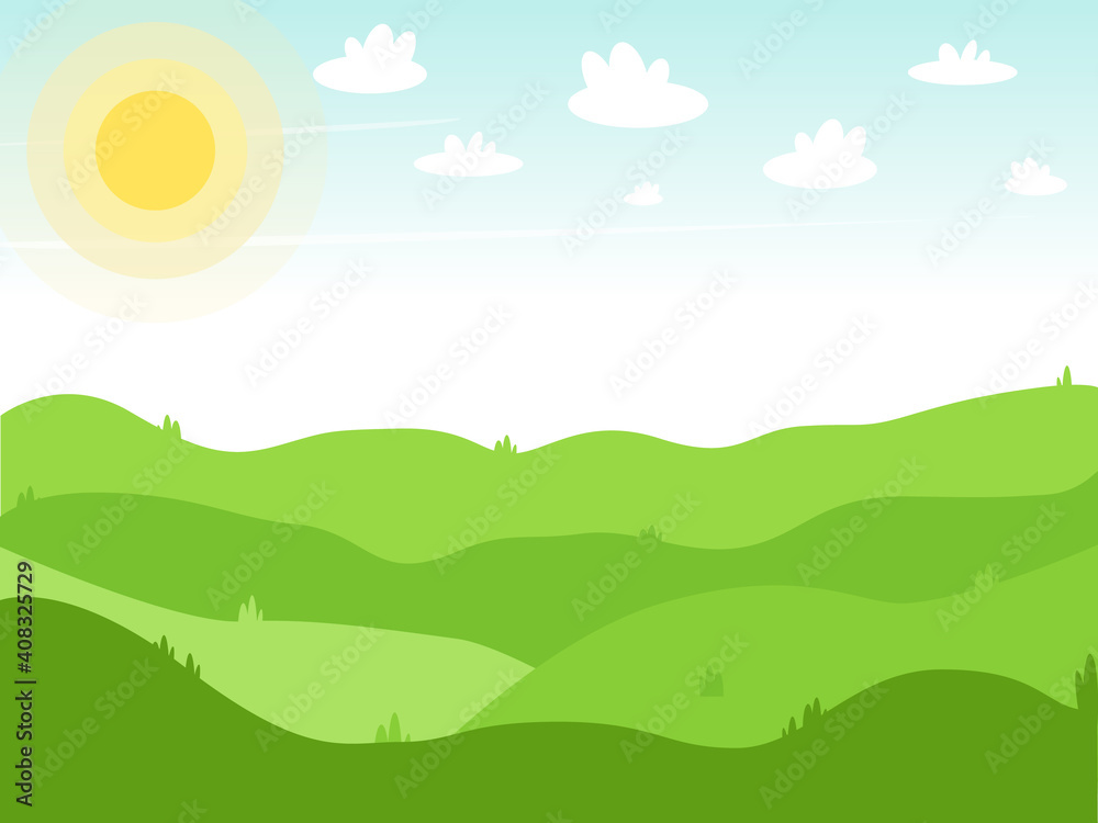 Bright background spring or summer landscape. Clouds run over the green lawn and the sun is shining brightly. Vector illustration. Flat.