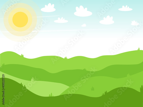 Bright background spring or summer landscape. Clouds run over the green lawn and the sun is shining brightly. Vector illustration. Flat.