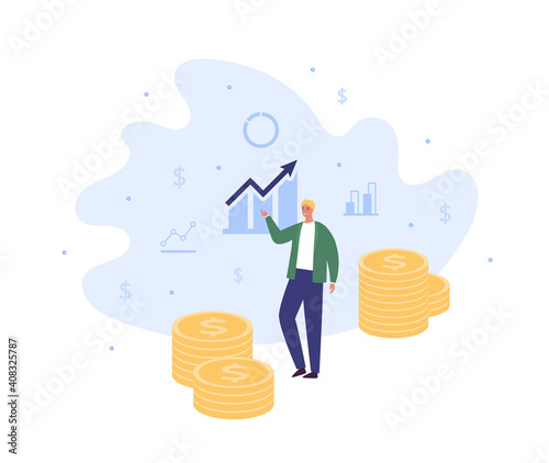 Business success and finance presentation concept. Vector flat people illustration. Column chart with arrow sign. Dollar money symbol. Male modern startup businessman show result of analysis.