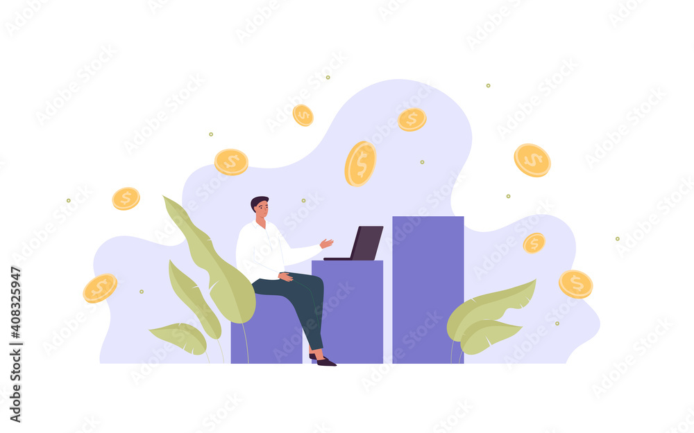 Business and finance success concept. Vector modern flat people illustration. Column chart and money sign. Male employee with laptop sitting. Freelance and startup symbol. Business and finance success concept. Vector modern flat people illustration. Column chart and money sign. Male employee with laptop sitting. Freelance and startup symbol.