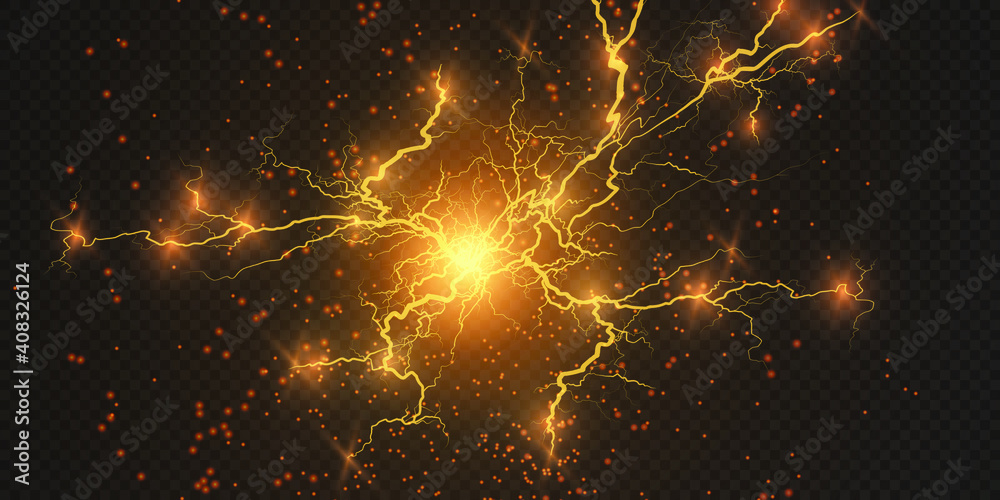 Lightning flash light thunder sparks on a transparent background.Fire and ice fractal lightning, plasma power backgroundvector illustration. Lightning PNG. 