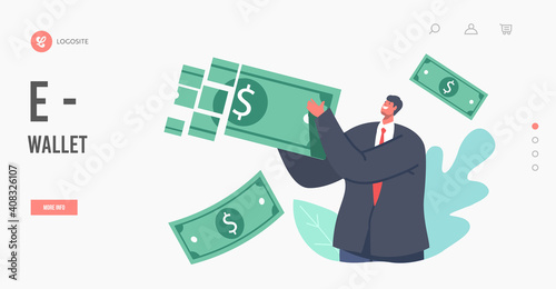 E-wallet Online Payment, Transaction Landing Page Template. Tiny Businessman Character Transfer Money via Digital Wallet