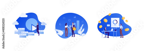 Business solution, partnership and success concept. Vector flat people illustration set. Businessman and businesswoman handshake. Male employee make presentation. Businesswoman work on laptop.