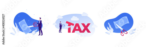 Tax cut and sale cost reduction concept. Vector flat modern illustration set. Collection of design element for marketing and advertisment. Male businessman cutting dollar currency and text.