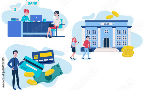 Set of bank workers and clients