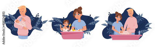 Bathing, feeding and swaddling a baby