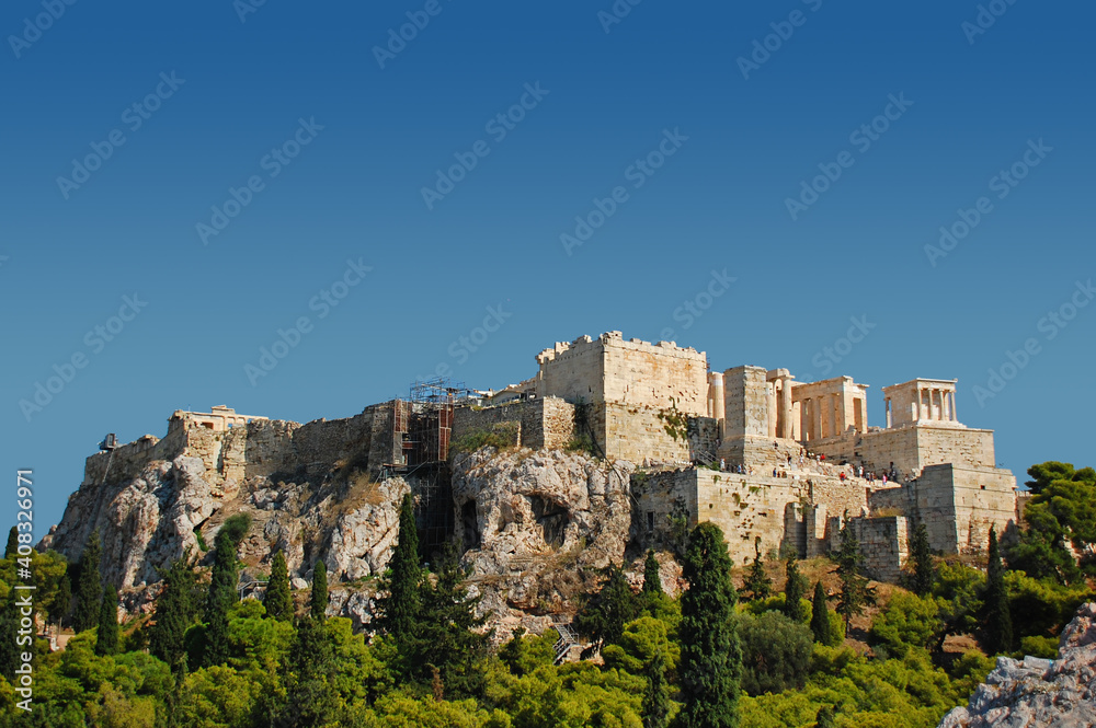 View toward the Acropolis  of Athens during summer. Ancient Greek architecture.