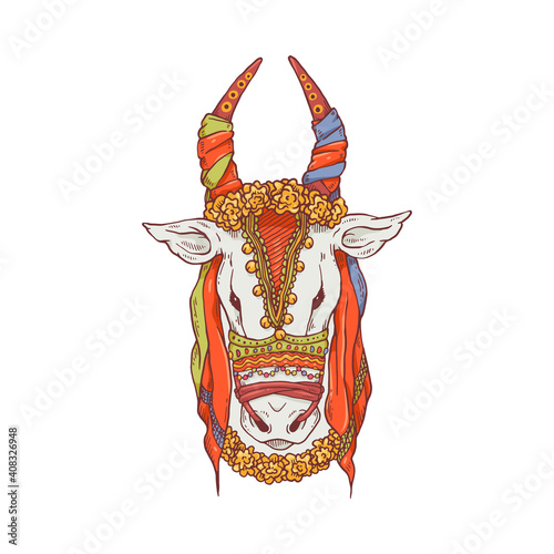 Pongal cow drawing - cartoon animal head decorated for Indian festival