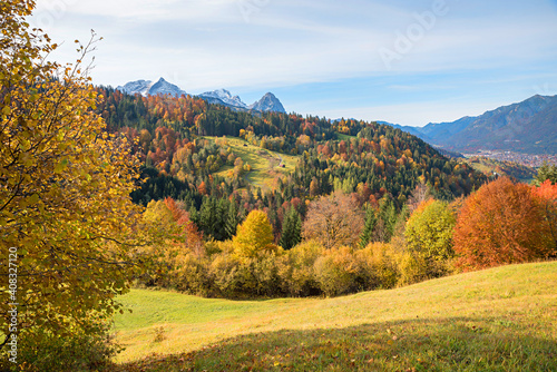 breathtaking autumnal landscape, view from hiking trail wamberg to Eckbauer, bavarian alps