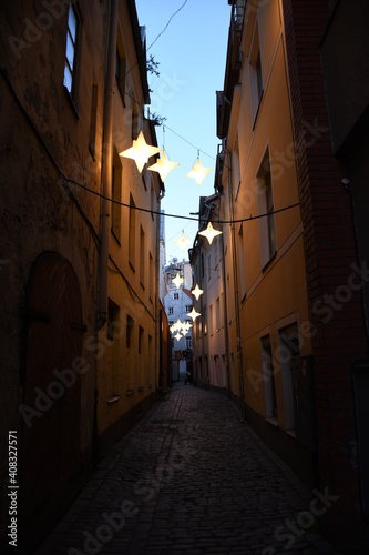 Evening view of Latvian old street. Riga historical centre is a UNESCO World Heritage Site  noted for its Art Nouveau Jugendstil architecture. 